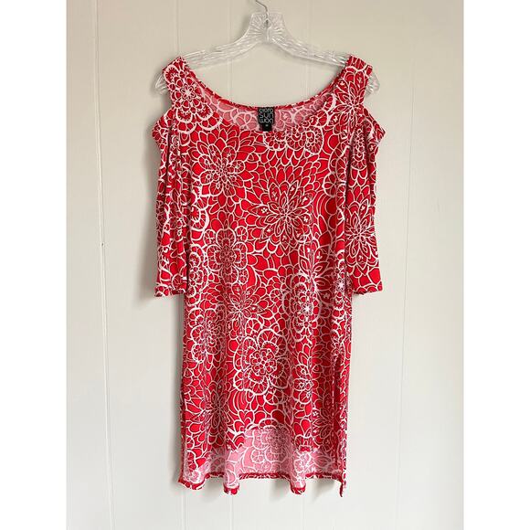 Clara Sunwoo Pink Stretchy Cold Shoulder Tunic Top XS Floral Geometric Long Line - Picture 8 of 16